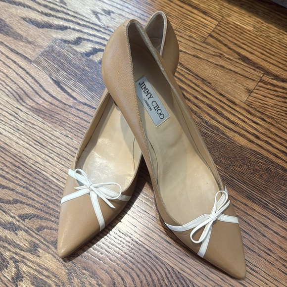 Jimmy Choo Shoes - Jimmy Choo Nude Tan White Bow Kitten Heels 40